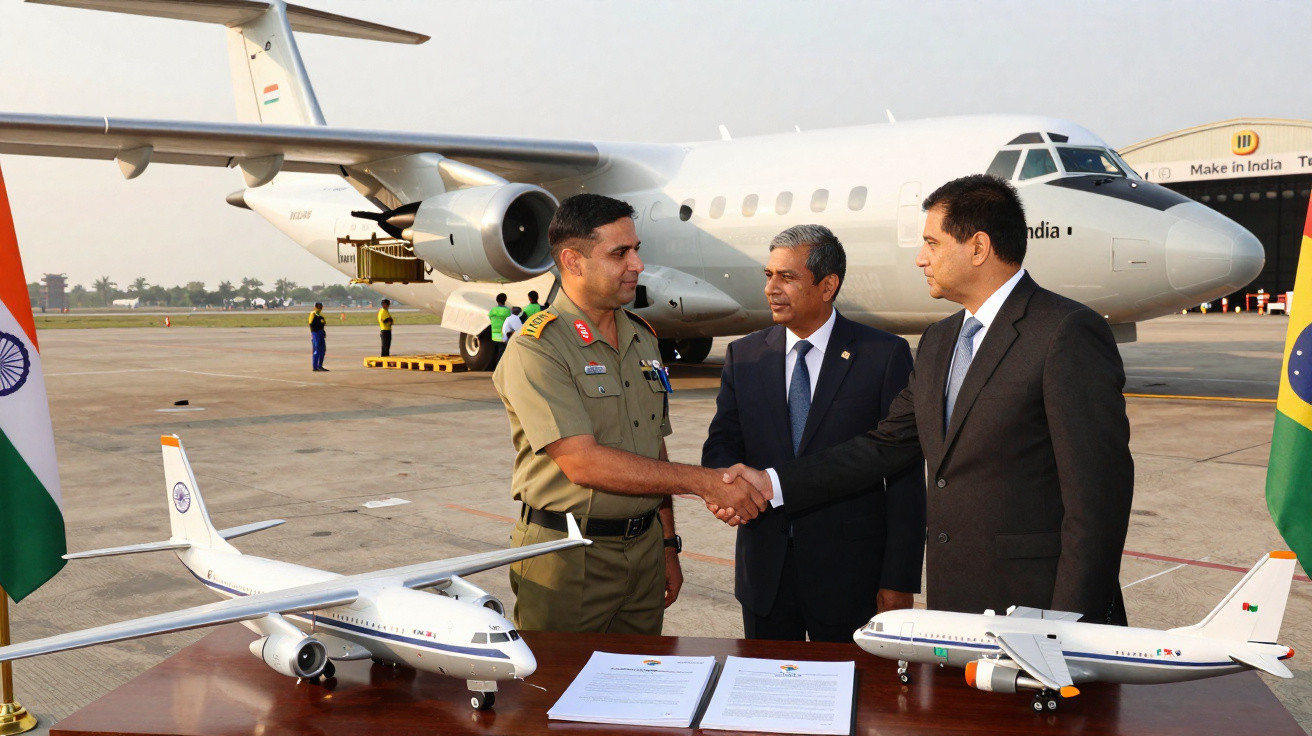Dois homens apertando as mãos diante de modelos de aviões, com avião real e bandeiras da Índia e Brasil ao fundo.