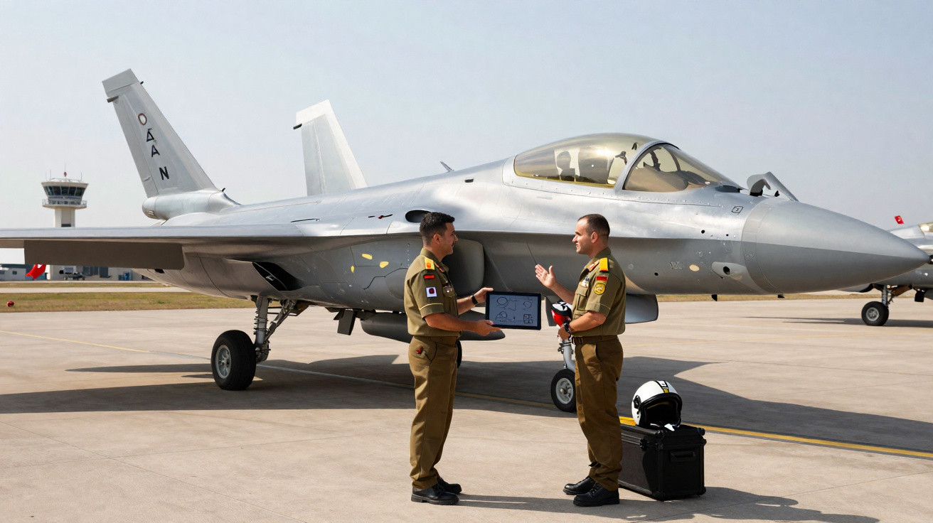 Dois militares conversam ao lado de um caça estacionado em pista de aeroporto militar.