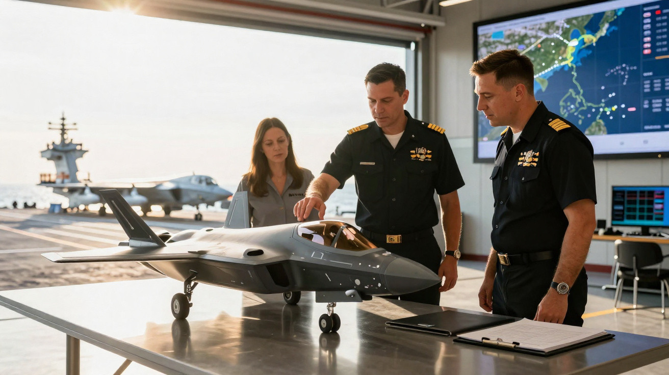 Três militares examinam miniatura de avião em mesa, com convés de porta-aviões e radar ao fundo.