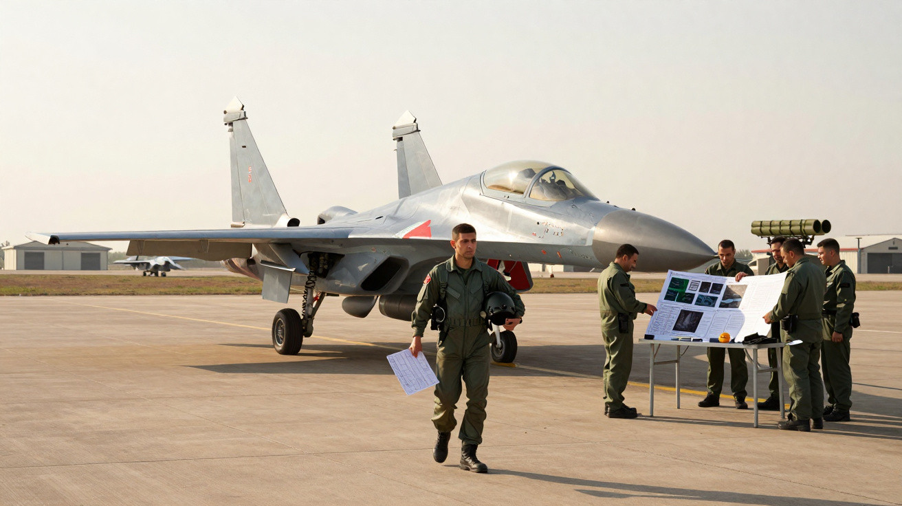 Pilotos militares ao lado de caça J-11 estacionado em pista, com briefing em mesa ao lado do avião.