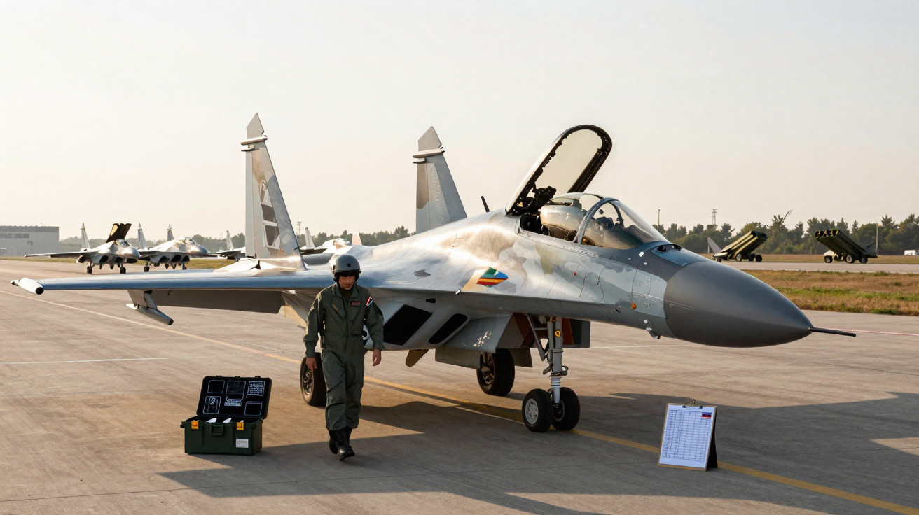 Caça Sukhoi Su-30 com piloto caminhando ao lado em pista de aeródromo durante o dia.