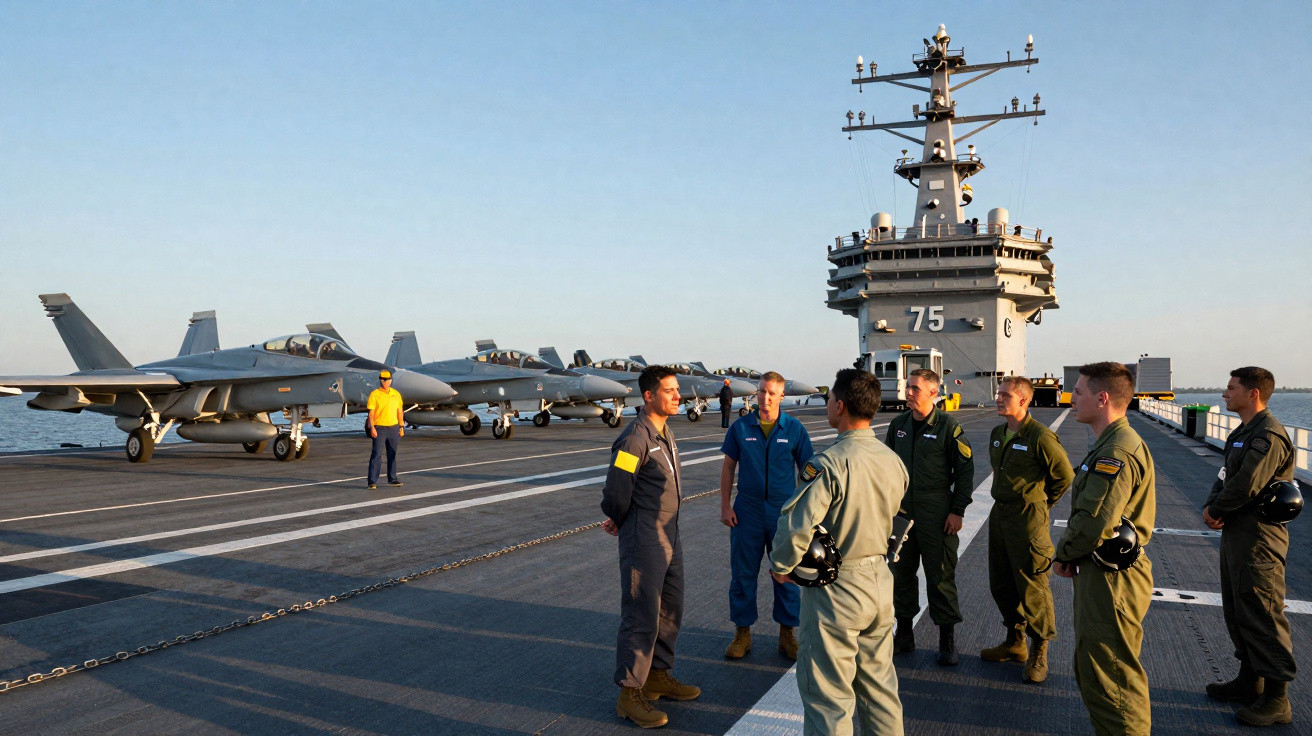 Seis militares em uniforme conversam no convés de um porta-aviões com aviões de caça estacionados ao fundo.