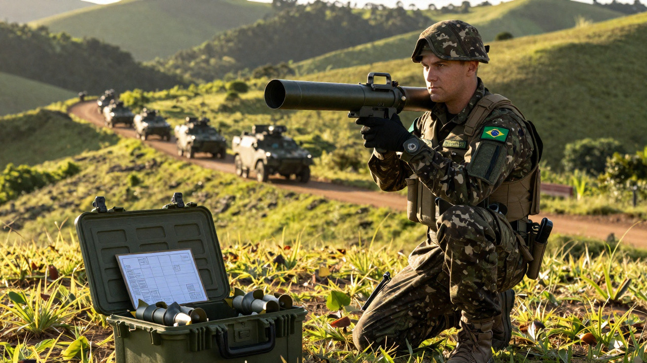 Soldado brasileiro em uniforme camuflado ajoelhado com lança-granadas, veículos militares em estrada rural ao fundo.
