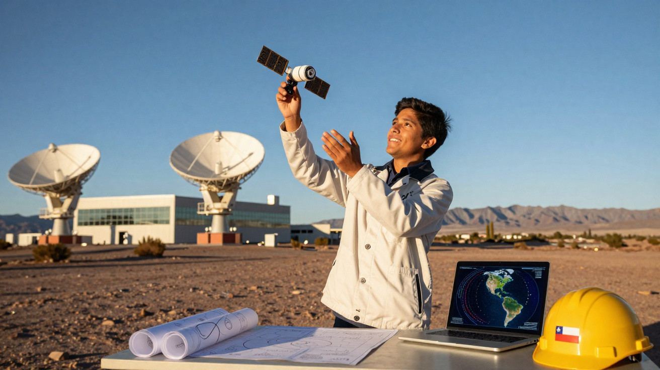Jovem em área desértica segurando modelo de satélite, com prancha, laptop e capacete em mesa.