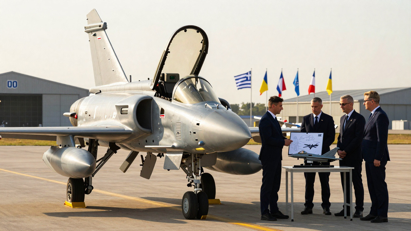Caça militar estacionado com quatro homens de terno analisando maquete e desenhos em pista de aeroporto.