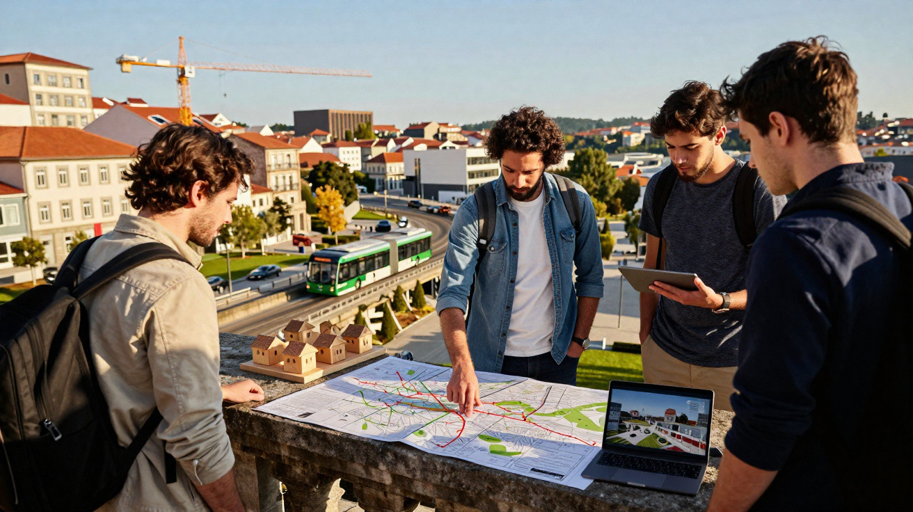 Quatro jovens analisam mapas e projetam planejamento urbano ao ar livre em uma cidade ensolarada.