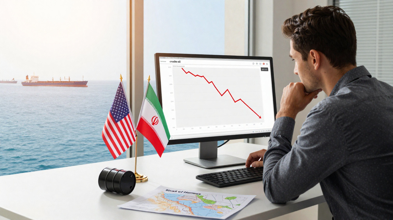 Homem observa gráfico de queda do preço do petróleo em computador com bandeiras dos EUA e Irã na mesa.
