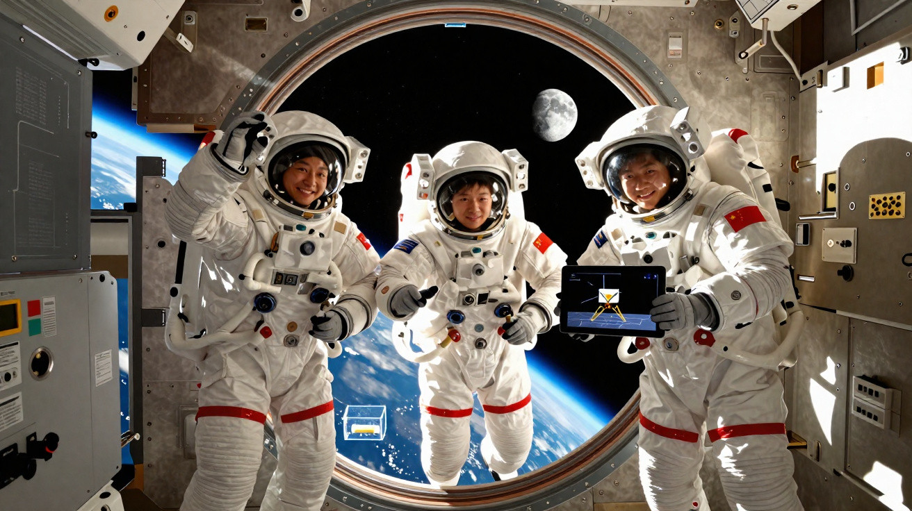 Três astronautas em trajes espaciais na estação espacial com vista da Terra e da Lua ao fundo.