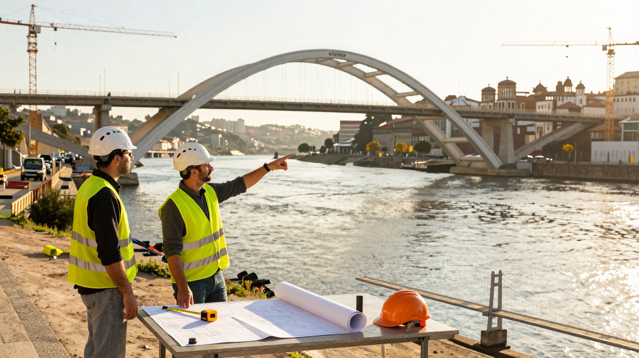Dois engenheiros com coletes e capacetes discutem perto de plantas em uma obra junto ao rio e uma ponte.