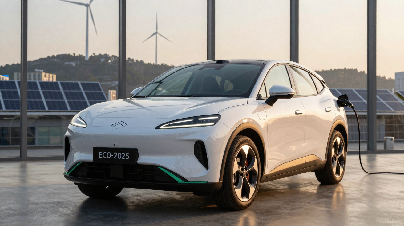 Carro elétrico branco modelo ECO-2025 carregando em ponto de recarga com painéis solares e turbinas ao fundo.