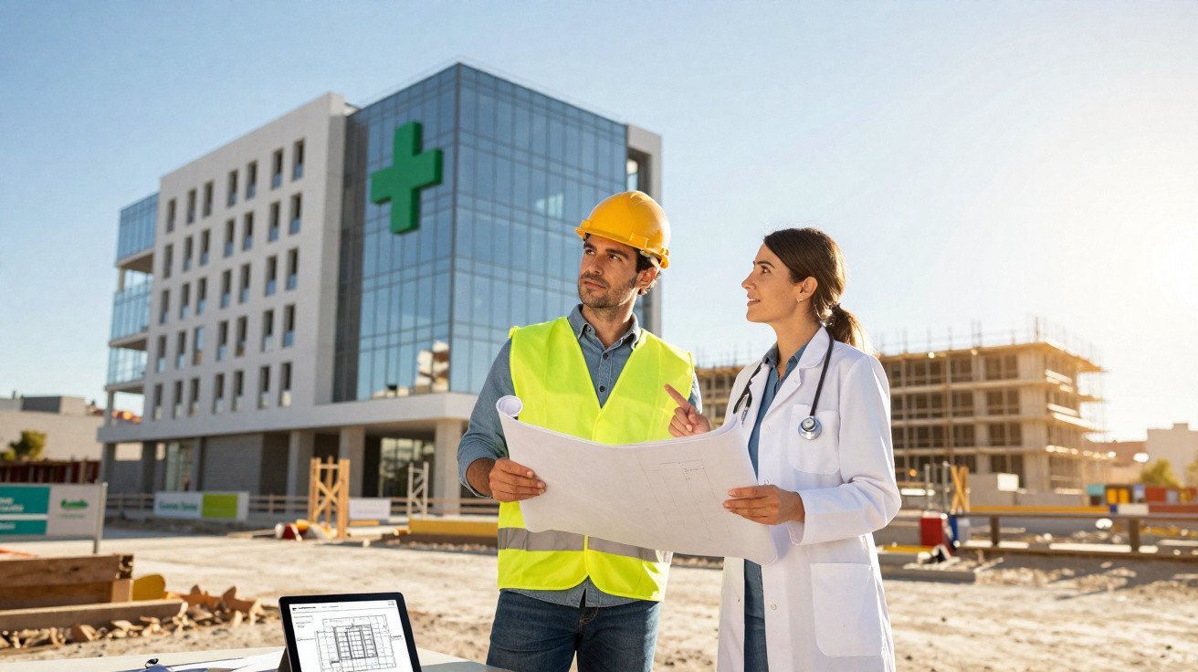 Engenheiro e médica analisam plantas em obra de hospital com cruz verde na fachada ao fundo.