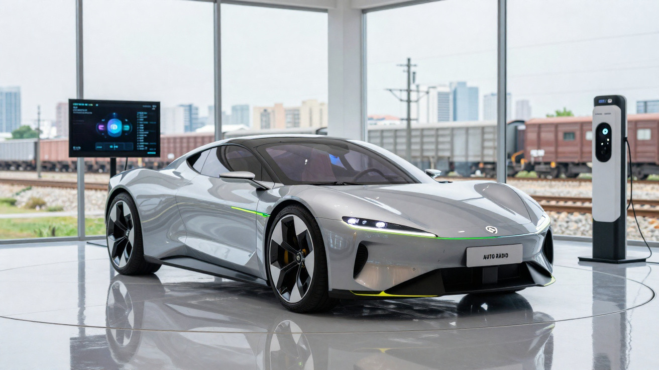 Carro esportivo elétrico cinza claro exibido em showroom com estação de recarga ao lado e monitor ao fundo.