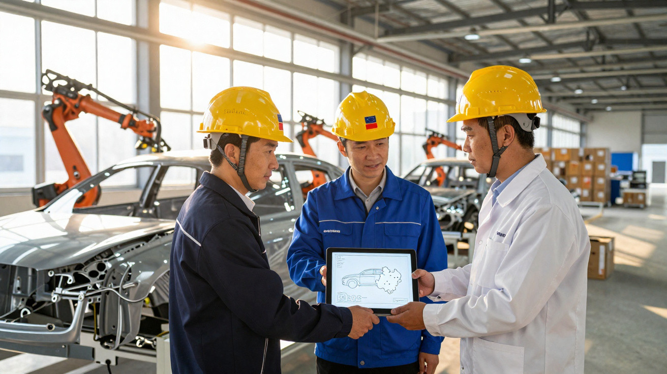 Três engenheiros com capacetes amarelos analisam projeto de carro em tablet dentro de fábrica automotiva.