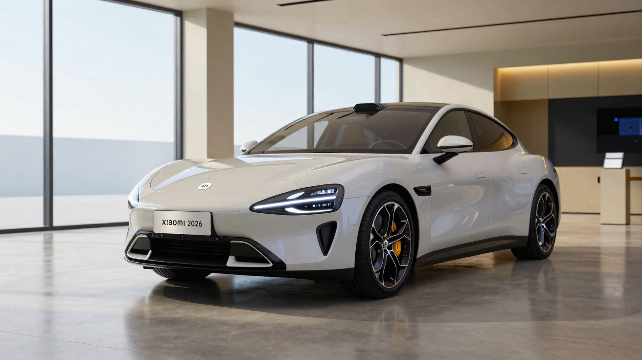 Carro elétrico branco Xiaomi 2026 em showroom moderno com piso brilhante e iluminação natural.