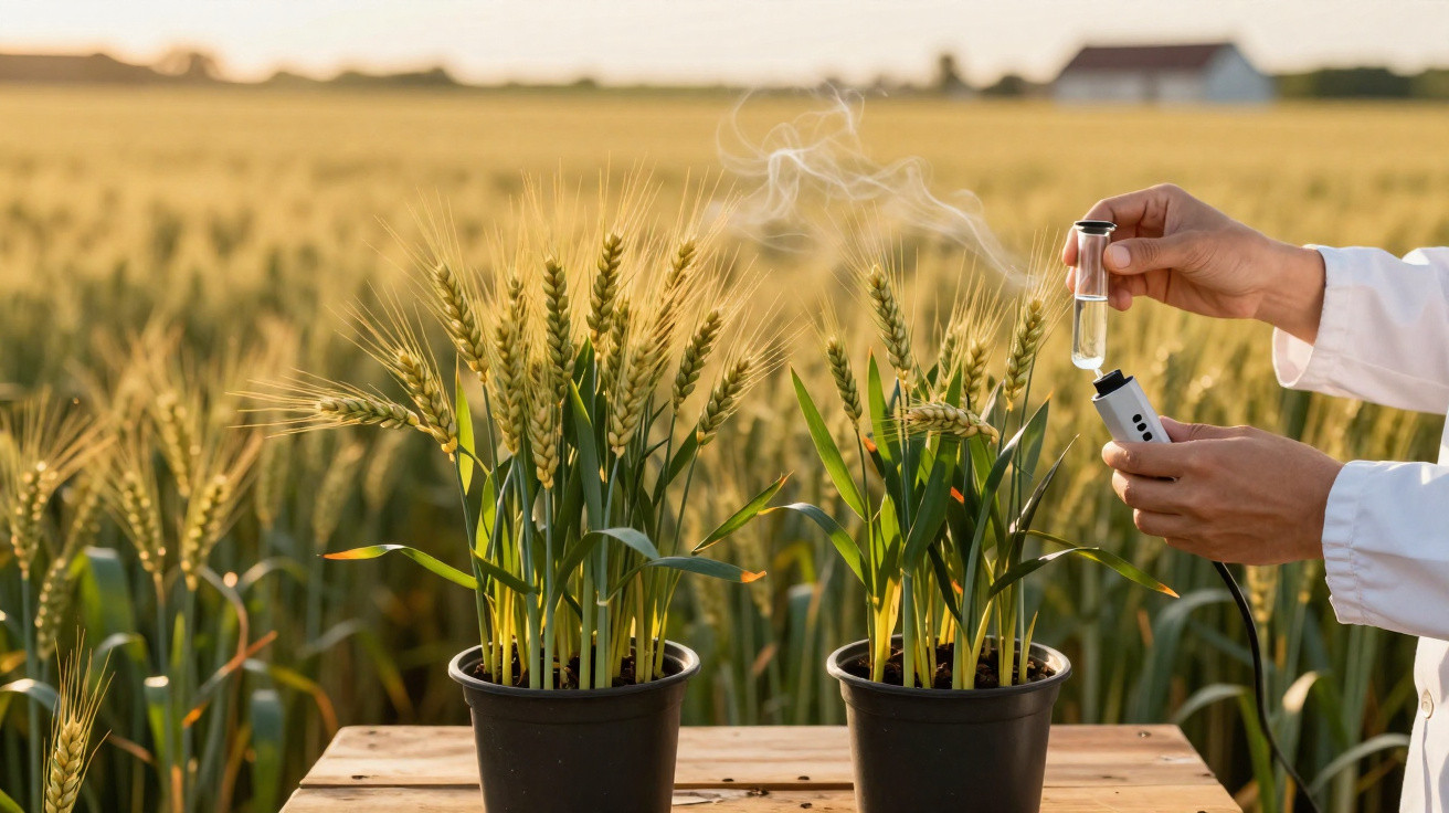 Mãos manipulando amostra com instrumento sobre plantas em vaso, campo de cultivo ao fundo ao pôr do sol.