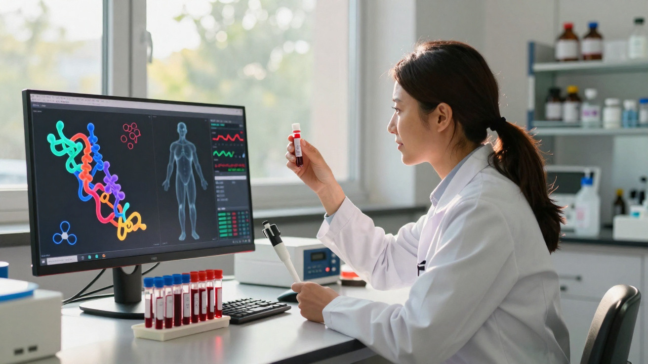 Cientista analisando amostra de sangue com gráficos e modelo humano na tela do computador em laboratório.