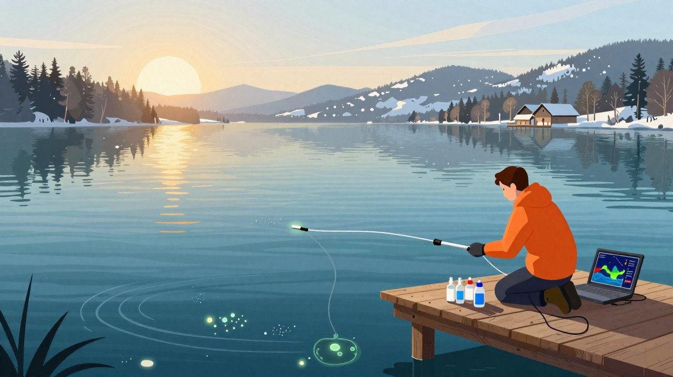 Pessoa pescando com equipamento tecnológico em um lago ao pôr do sol cercado por montanhas e árvores.