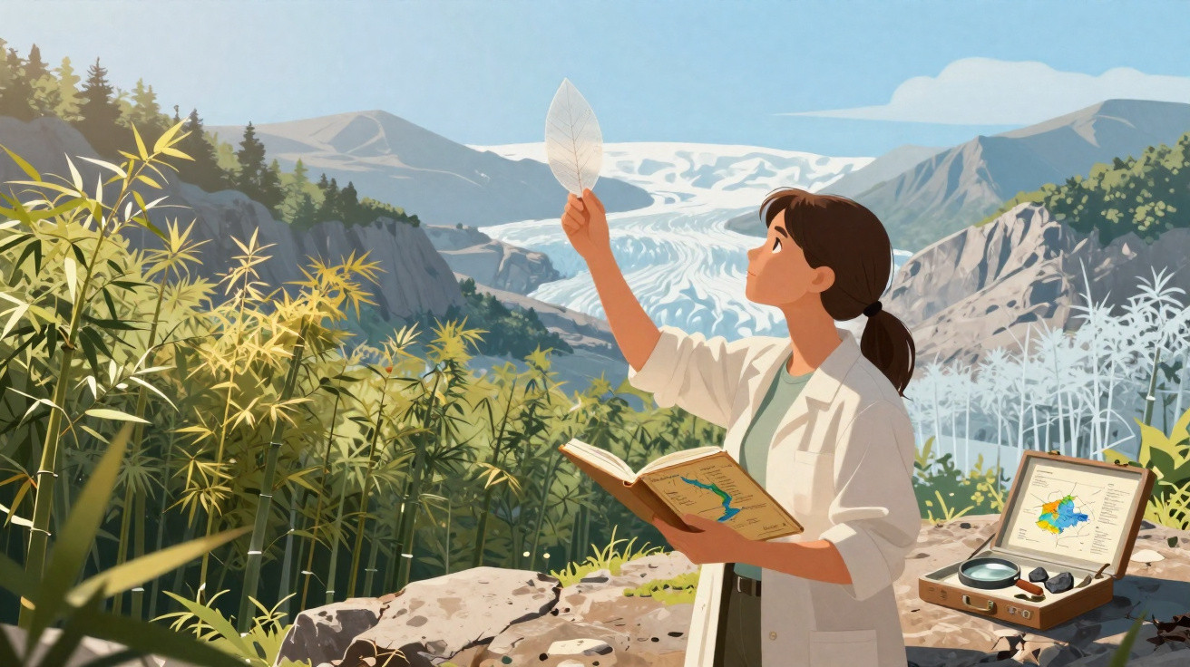 Mulher cientista observa folha translúcida em área montanhosa com vegetação e mochila aberta com mapa.