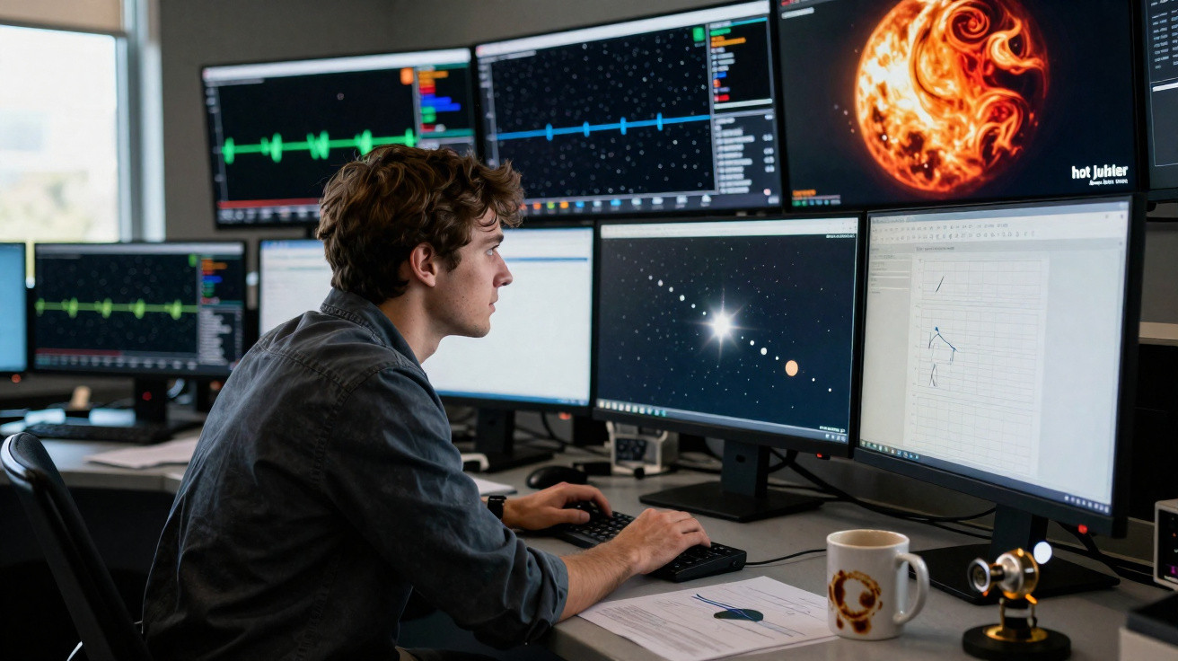 Jovem analista observa dados astronômicos em múltiplos monitores em escritório tecnológico moderno.