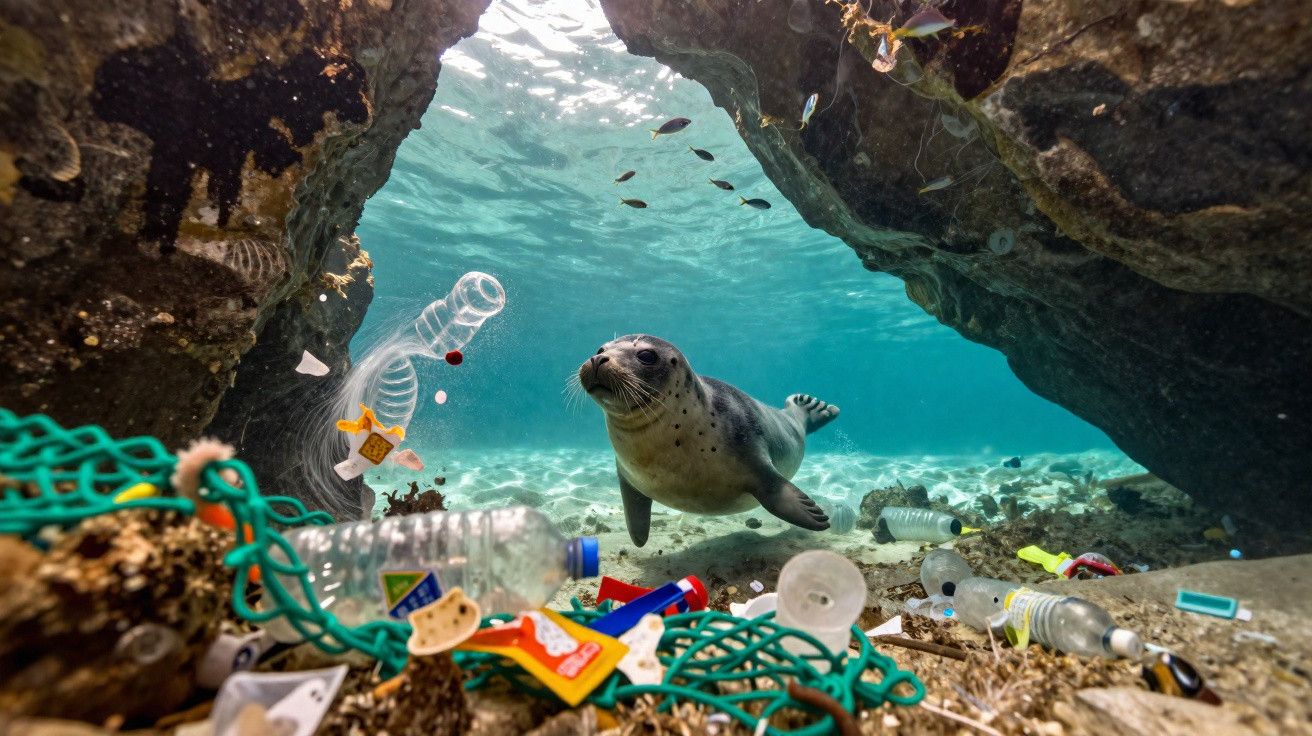 Foca nadando em área subaquática cercada por grande quantidade de lixo plástico e detritos.