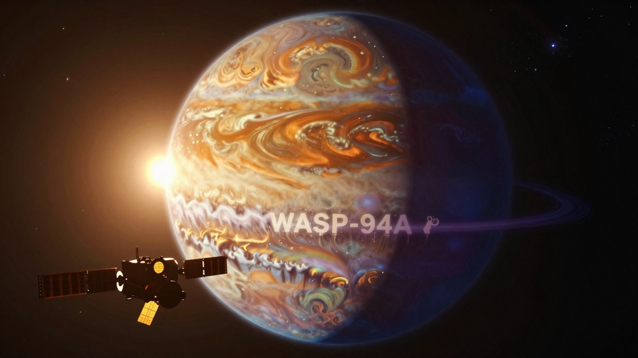 Sonda espacial próxima ao exoplaneta gigante gasoso WASP-94A com anéis e nuvens coloridas em órbita.