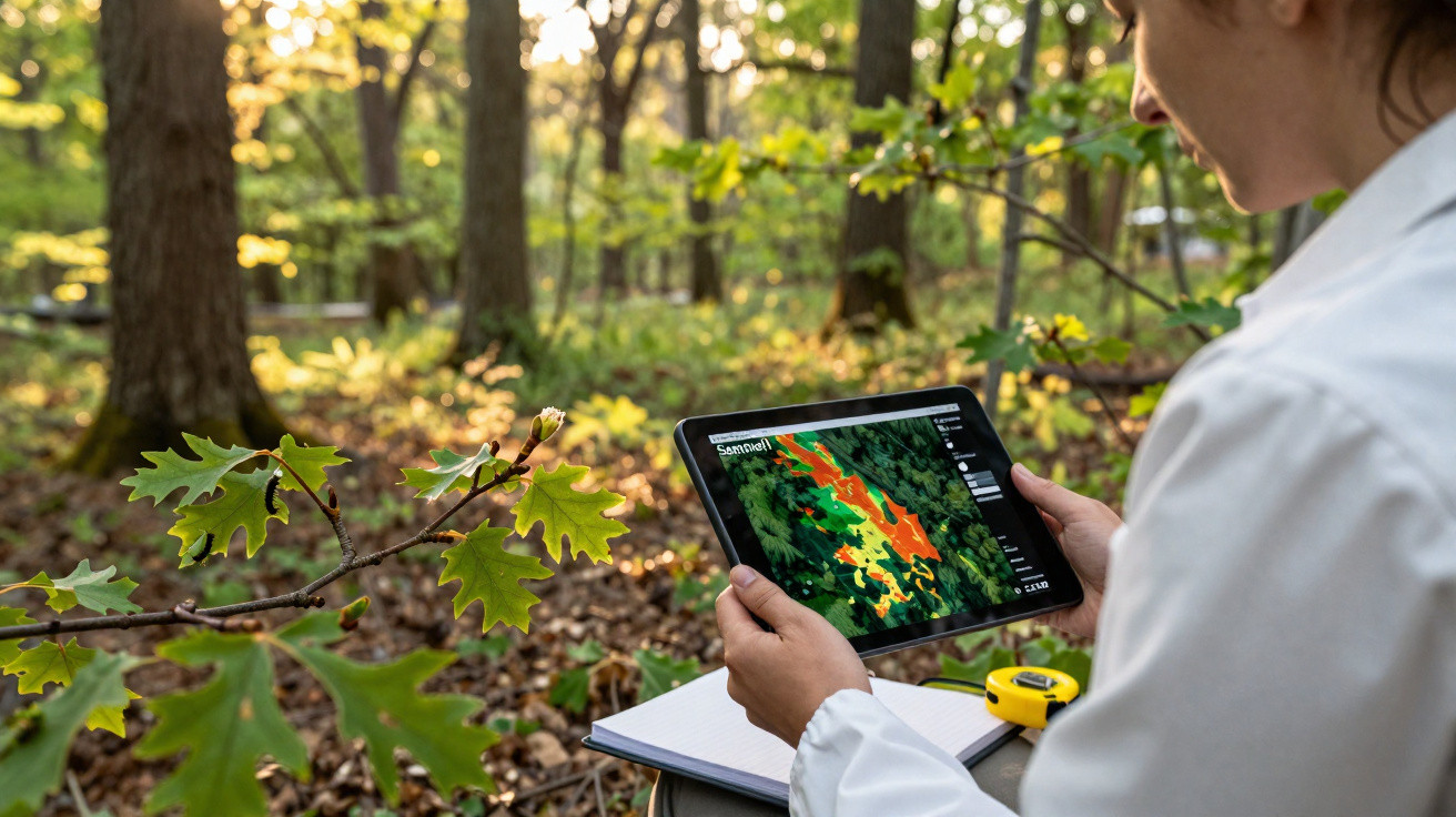 Pesquisadora em floresta analisa mapa digital com dados de vegetação em tablet ao ar livre.