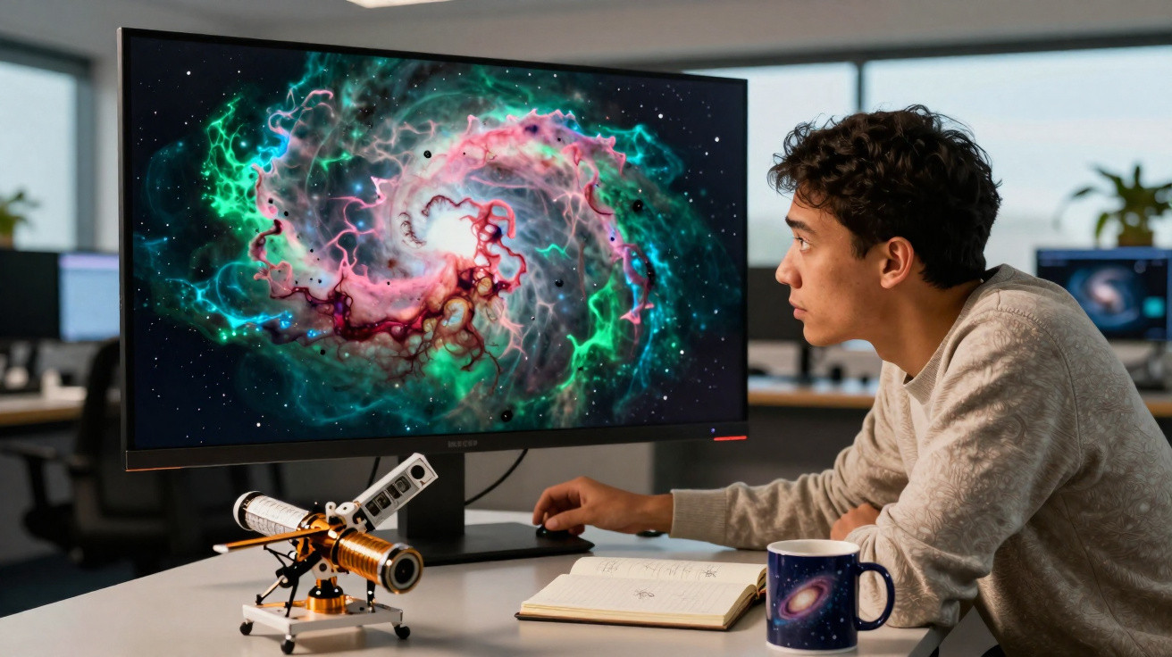 Homem observando imagem colorida de nebulosa na tela de computador em ambiente de escritório.
