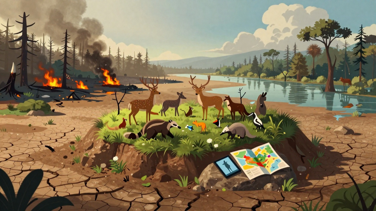 Ilustração de animais reunidos em área verde cercada por floresta queimada e seca, com rio ao fundo.
