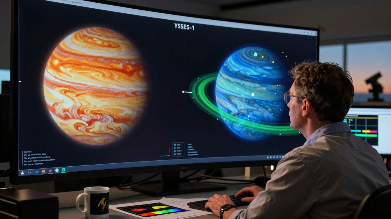 Homem analisando imagens de planetas em tela grande em escritório moderno ao entardecer.