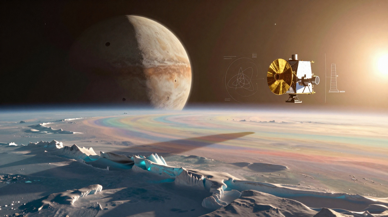 Sonda espacial orbitando uma lua congelada com anéis coloridos e planeta gigante ao fundo.