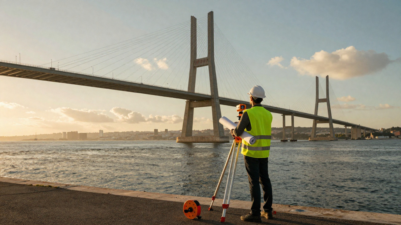 Engenheiro com colete e capacete realiza levantamento topográfico próximo a uma ponte sobre rio ao pôr do sol.