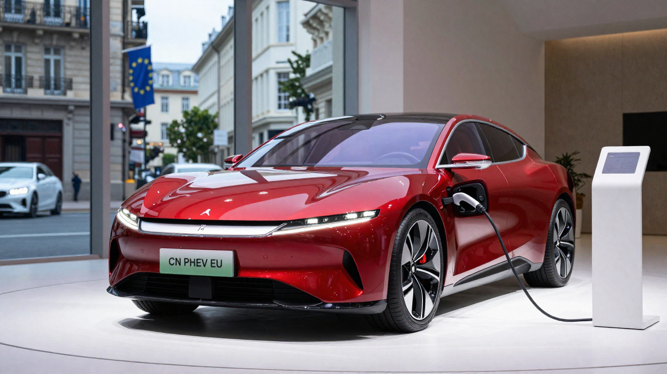 Carro elétrico vermelho conectado a estação de recarga em ambiente urbano com edifícios ao fundo.