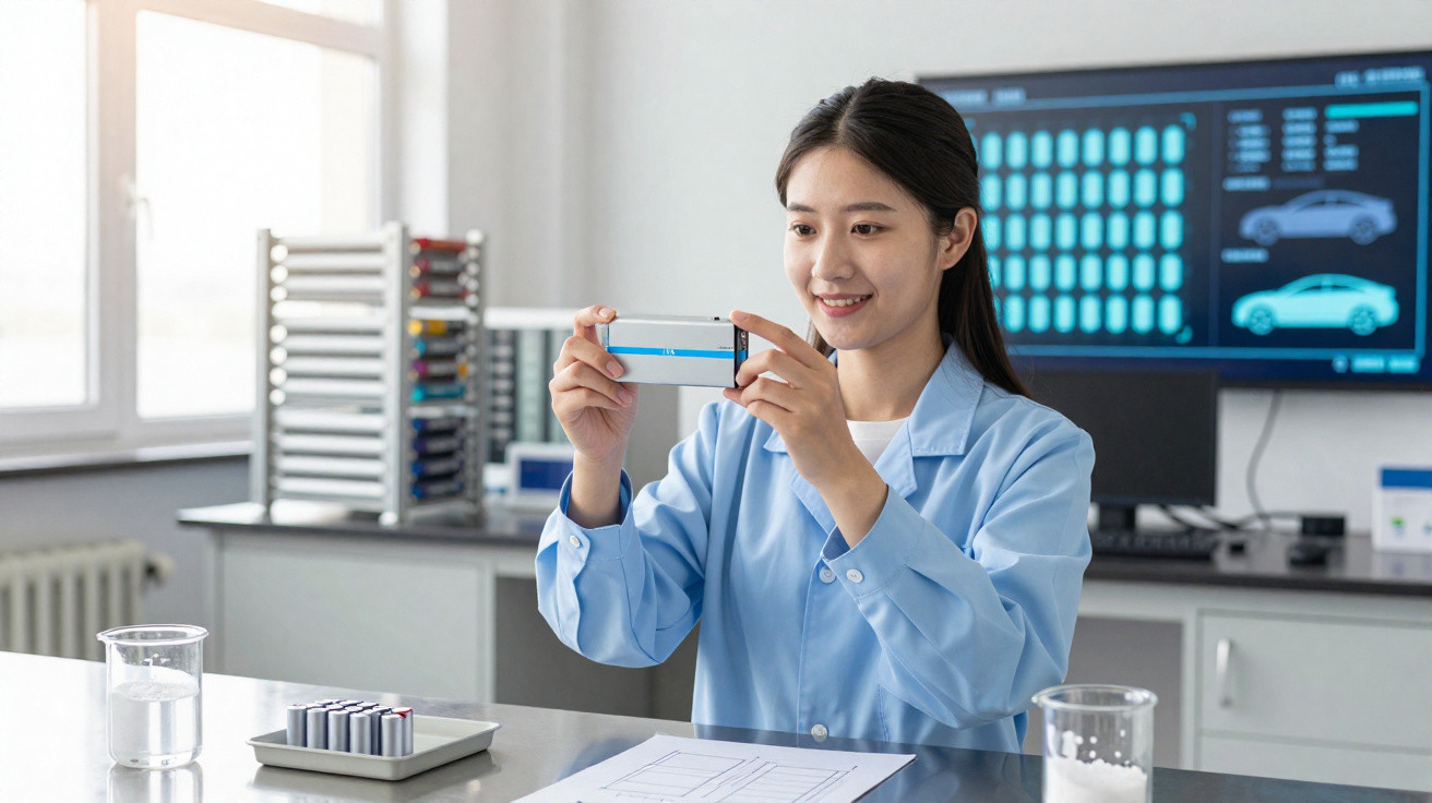 Mulher cientista em jaleco azul analisando uma bateria em laboratório moderno com equipamentos ao fundo.