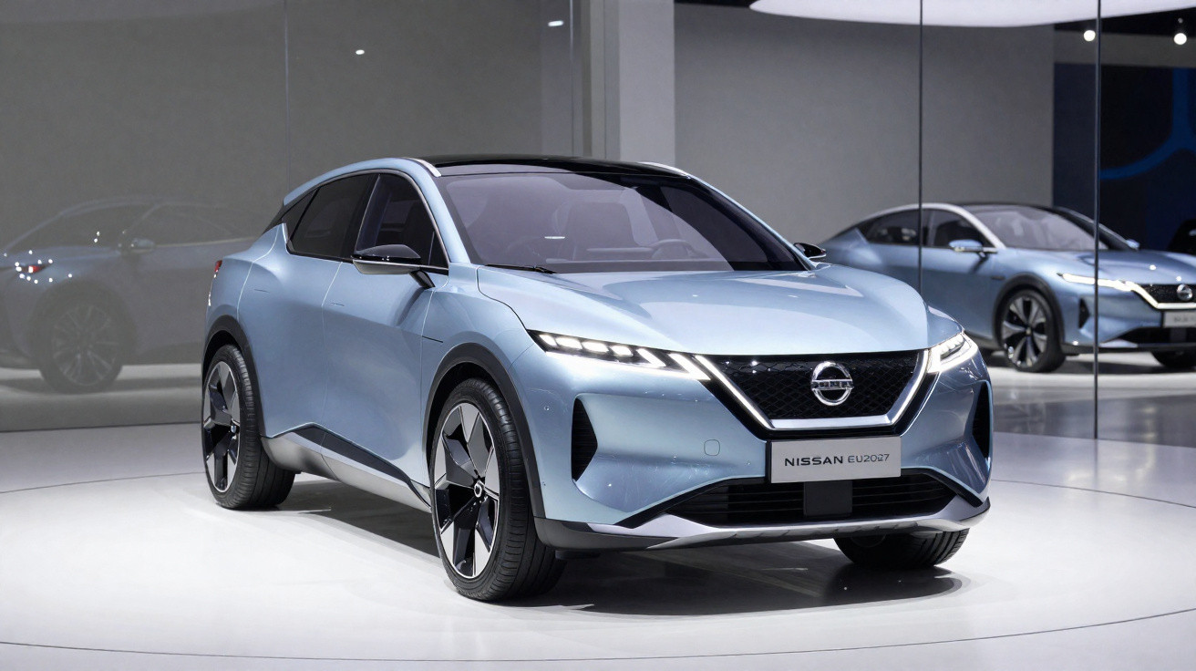 Carro elétrico Nissan Ariya cinza exposto em showroom moderno com iluminação branca.
