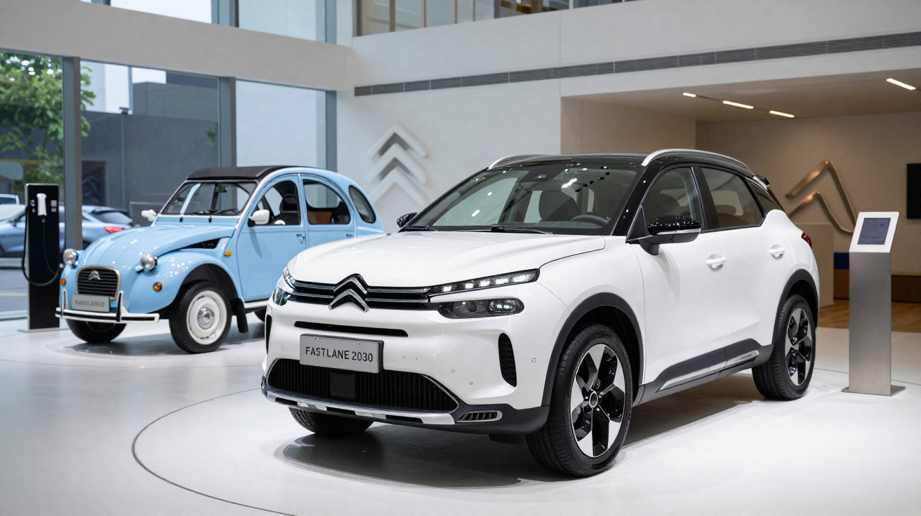 Dois carros Citroën exibidos em showroom, um modelo antigo azul e um SUV branco moderno.