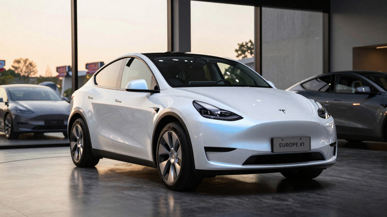 Carro elétrico branco Tesla Model Y em exibição dentro de showroom moderno ao entardecer.