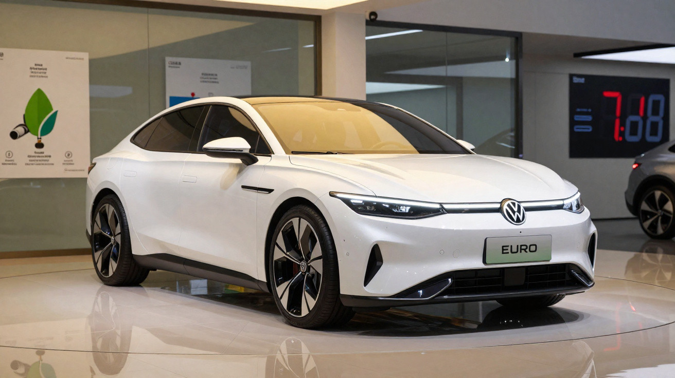 Carro elétrico branco Volkswagen Euro exposto em showroom moderno com iluminação interna.