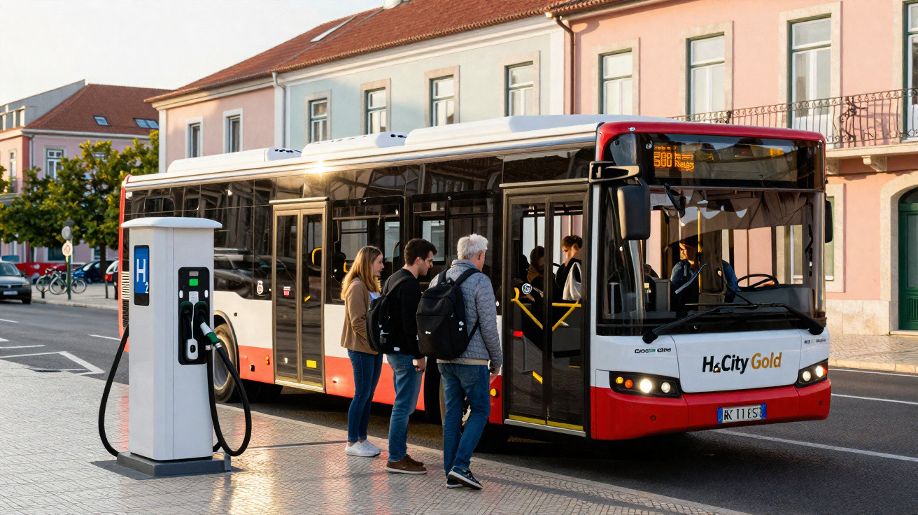 Ônibus urbano elétrico carregando passageiros na parada em área com prédios residenciais.