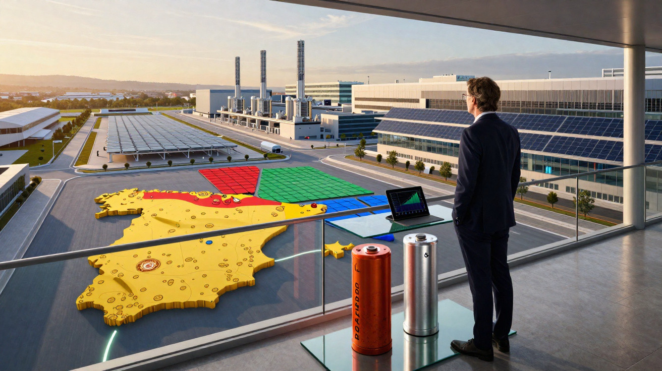 Homem observando área industrial com painéis solares e mapa colorido de Espanha no chão ao pôr do sol.