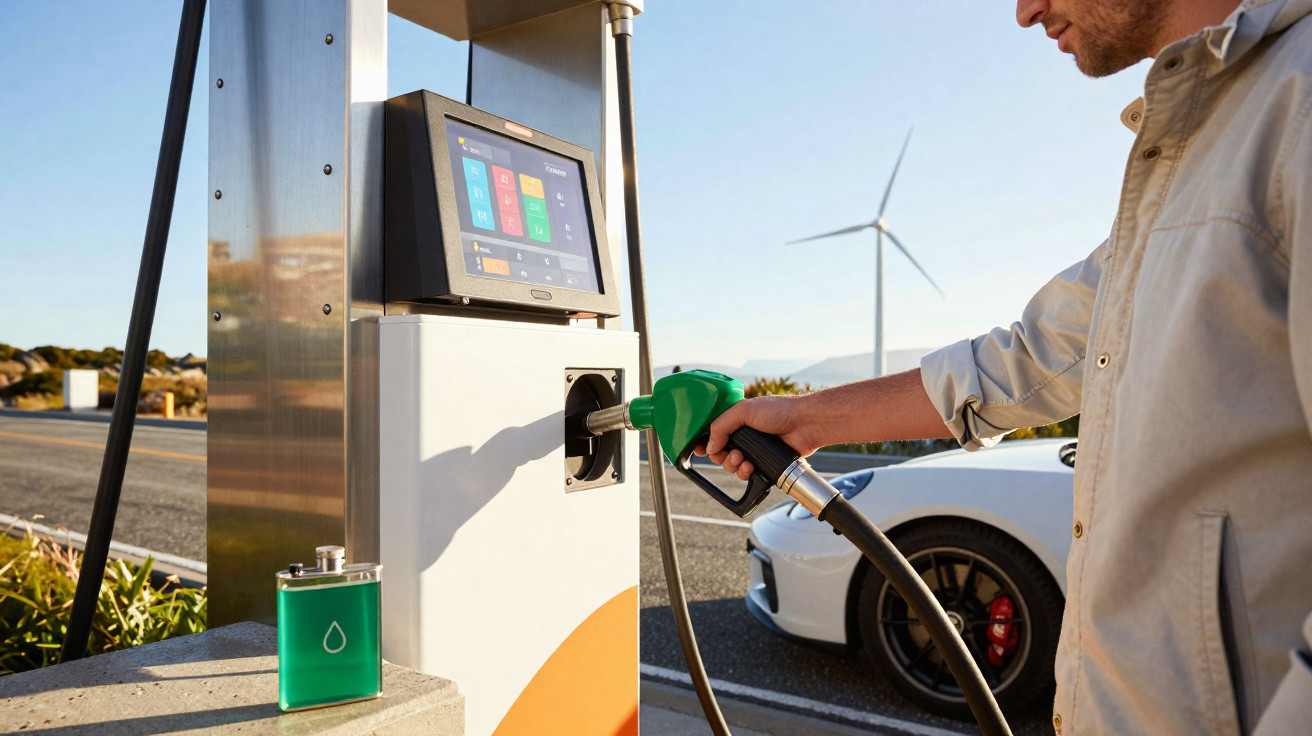 Pessoa abastecendo carro elétrico branco em posto de recarga com turbina eólica ao fundo em dia ensolarado.