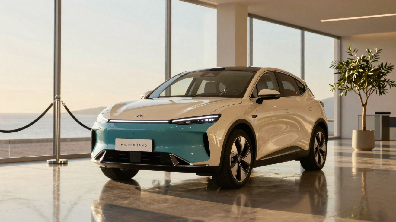 Carro elétrico moderno branco e azul em exposição com grandes janelas e vista para o mar ao fundo.