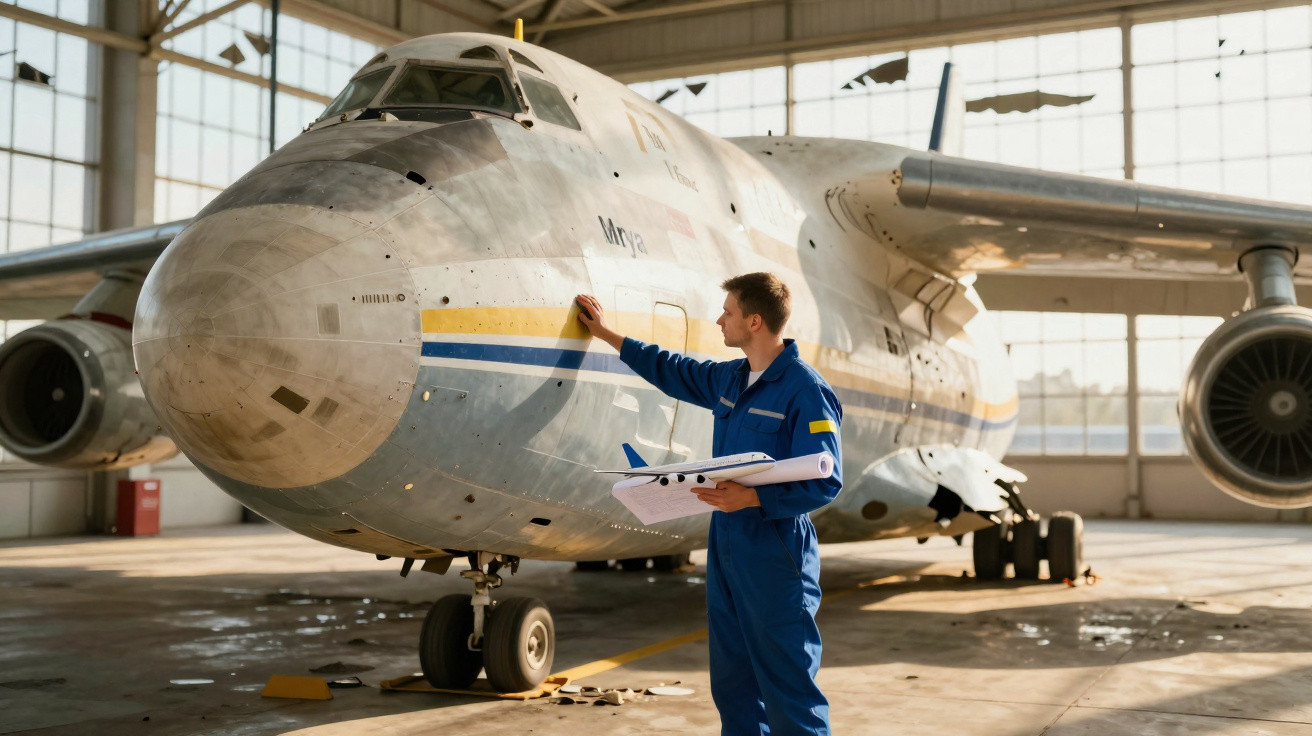 Homem com macacão azul inspeciona avião grande estacionado dentro de hangar com modelo em mãos.