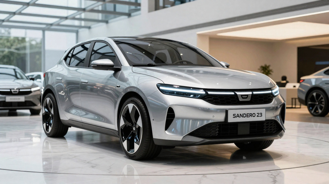 Carro prata modelo Sandero 23 em exposição em showroom moderno com chão branco brilhoso.
