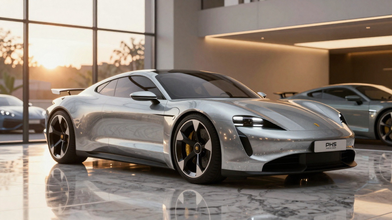 Carro esportivo prateado Porsche Taycan Turbo S exposto em showroom moderno com piso de mármore.