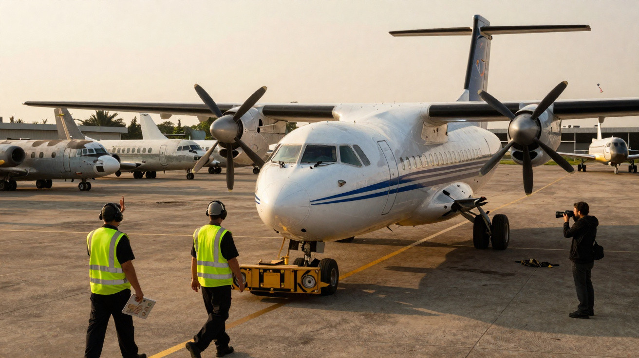 Avião turboélice no pátio de aeroporto com dois funcionários em coletes e fotógrafo tirando fotos.