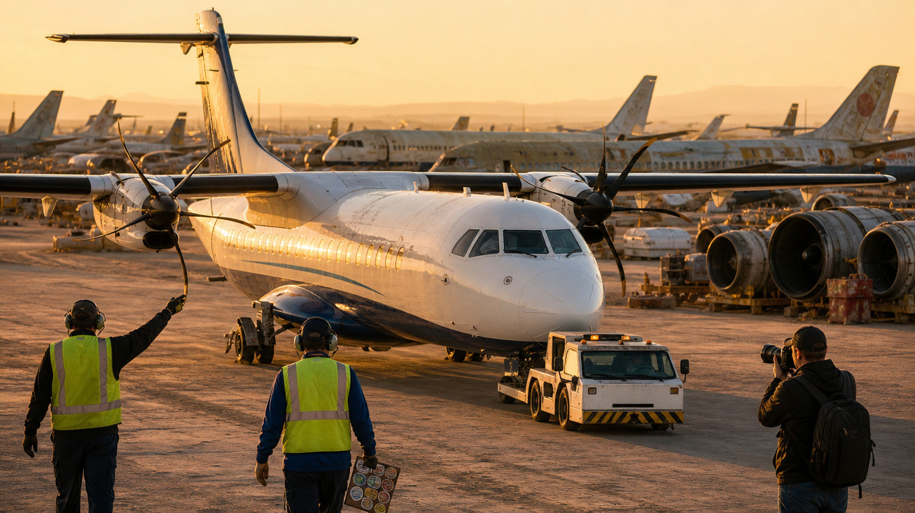 Avião sendo rebocado no pátio de aeroporto ao pôr do sol com trabalhadores e fotógrafo ao redor.