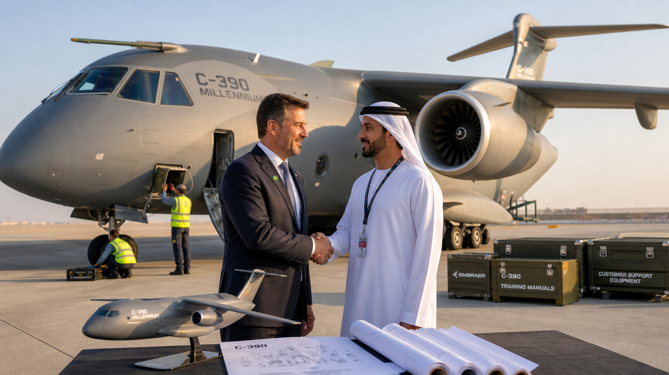 Dois homens apertando as mãos em frente a um avião C-390 Millennium, com modelos e plantas na mesa.