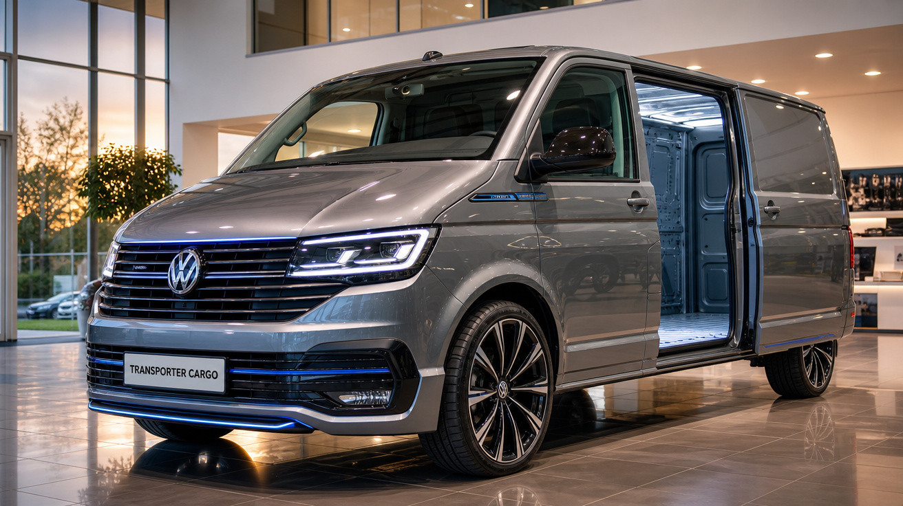 Van Volkswagen Transporter Cargo prata com porta lateral deslizante aberta em showroom iluminado.