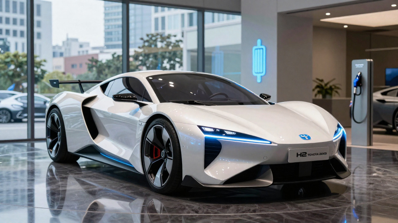Carro esportivo elétrico branco Toyota H2 em exposição interna com piso espelhado e iluminação moderna.