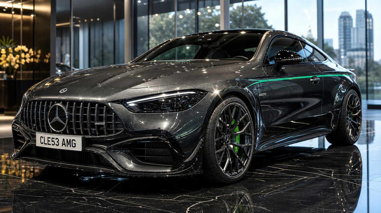 Carro esportivo Mercedes-Benz AMG cinza metálico exibido em showroom luxuoso com piso preto brilhante.